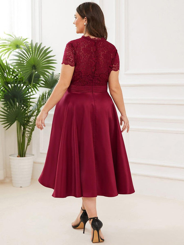 pretty HARLEY|Plus Size Lace Cap Sleeve V neck Midi Formal Dress