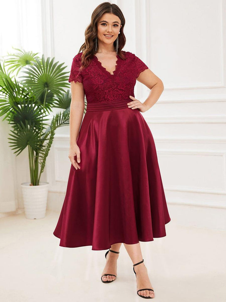 pretty HARLEY|Plus Size Lace Cap Sleeve V neck Midi Formal Dress