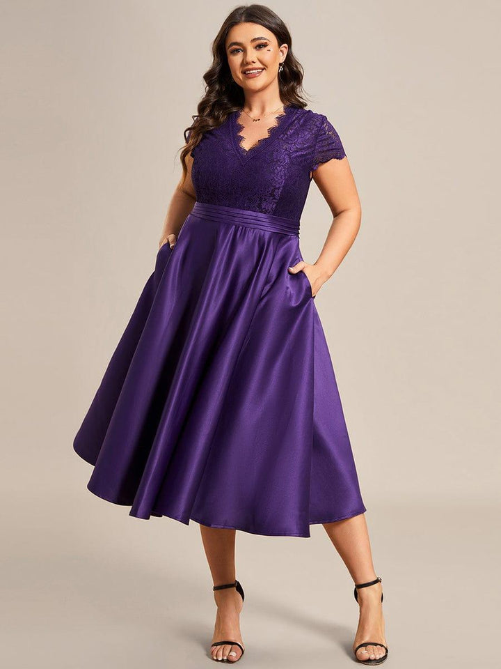 pretty HARLEY|Plus Size Lace Cap Sleeve V neck Midi Formal Dress