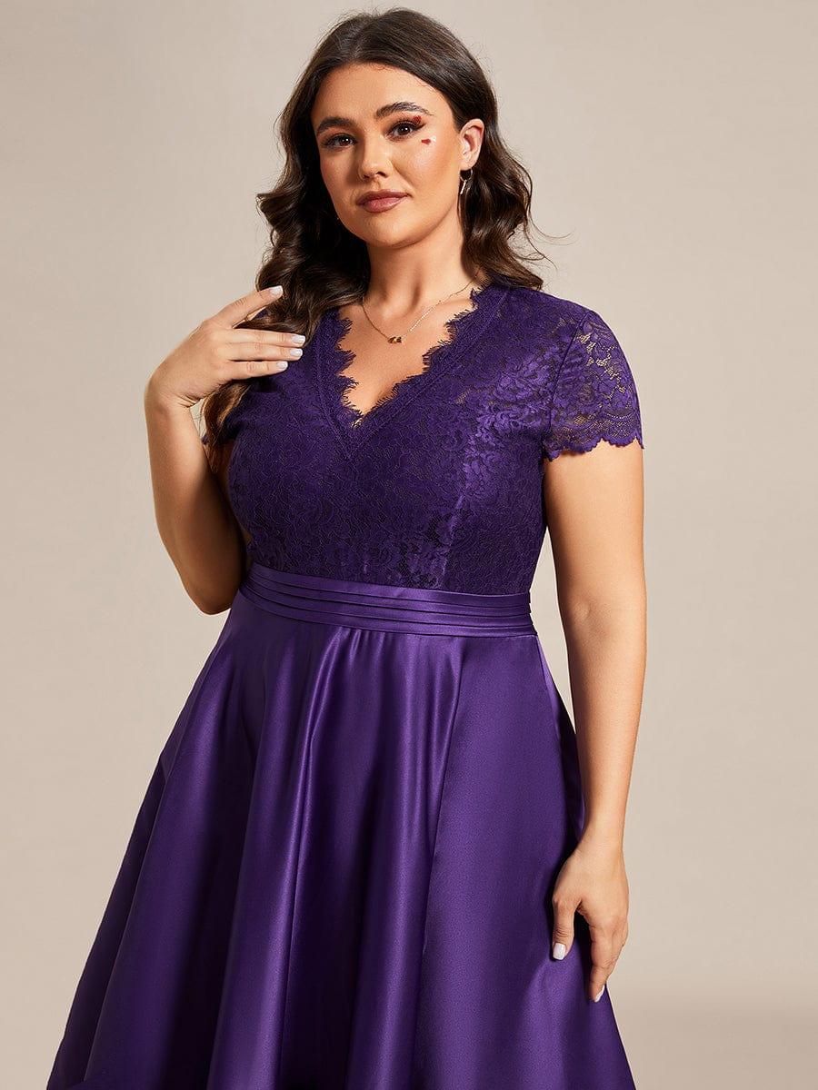 pretty HARLEY|Plus Size Lace Cap Sleeve V neck Midi Formal Dress
