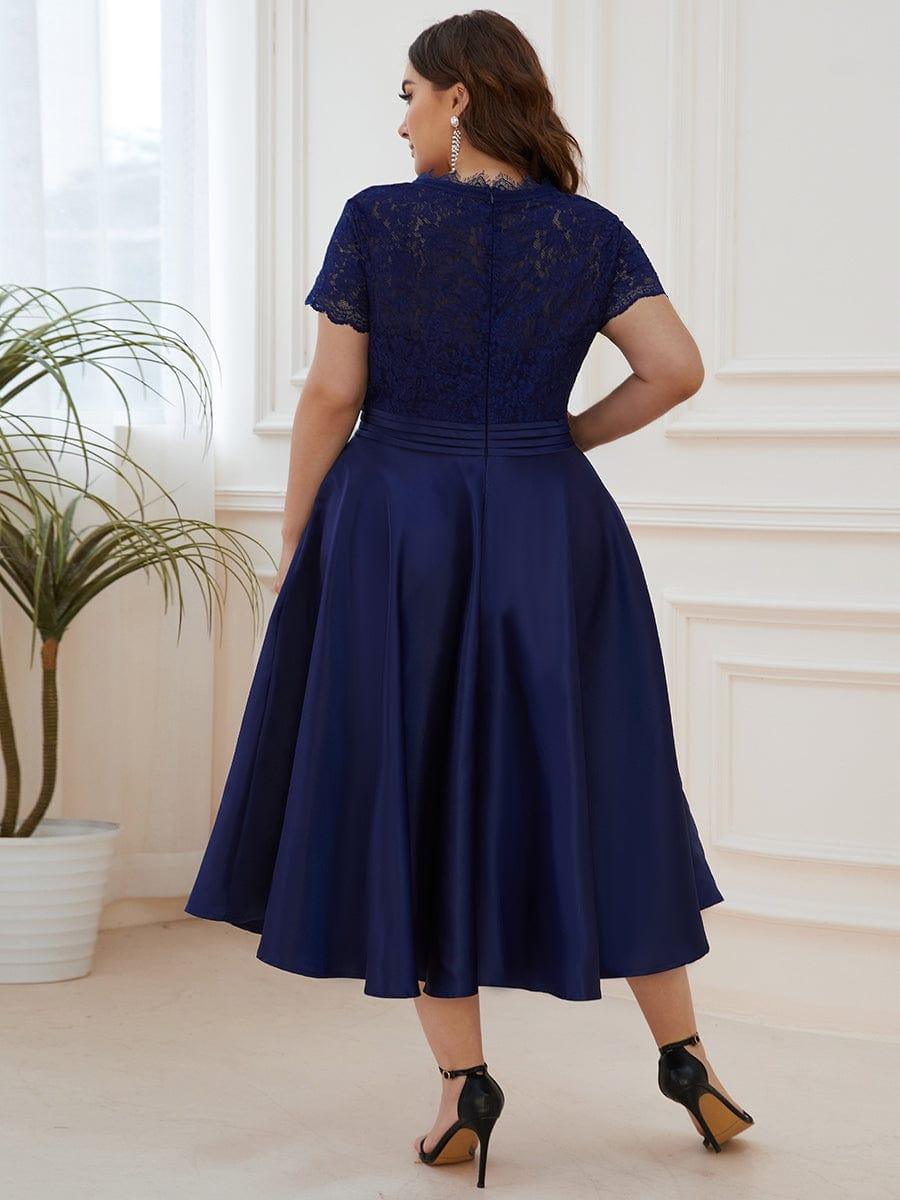 pretty HARLEY|Plus Size Lace Cap Sleeve V neck Midi Formal Dress
