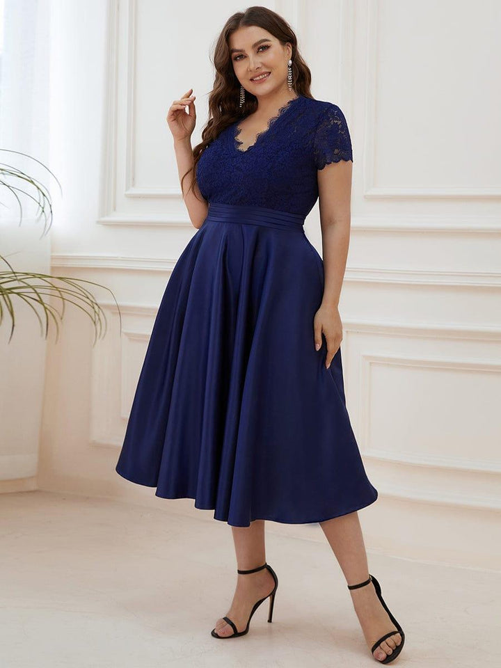 pretty HARLEY|Plus Size Lace Cap Sleeve V neck Midi Formal Dress