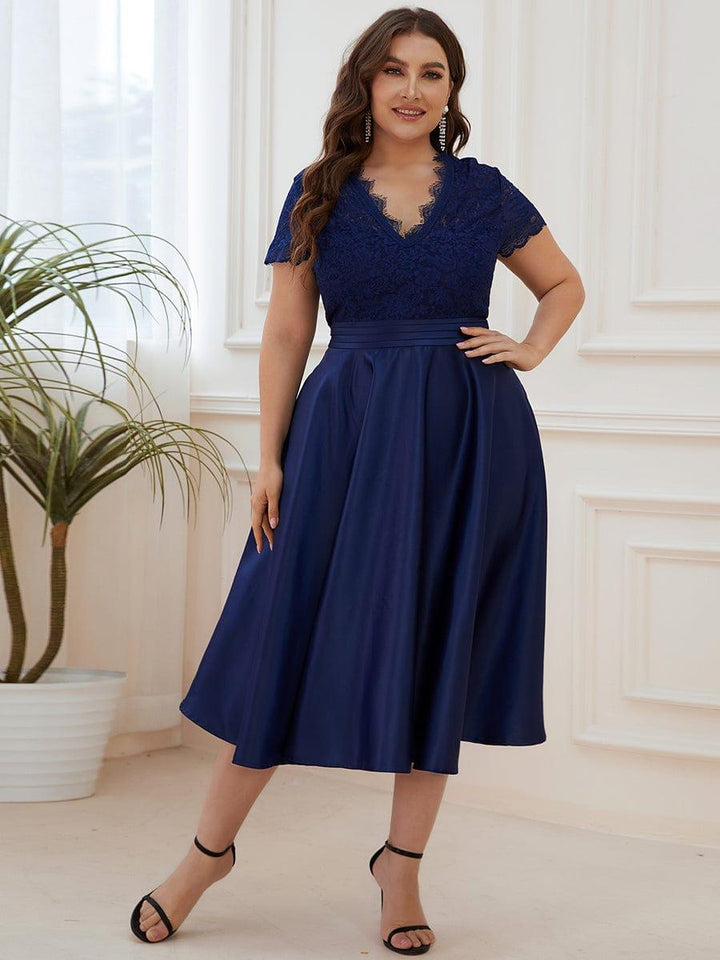 pretty HARLEY|Plus Size Lace Cap Sleeve V neck Midi Formal Dress