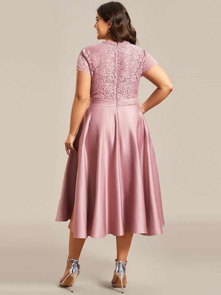 pretty HARLEY|Plus Size Lace Cap Sleeve V neck Midi Formal Dress