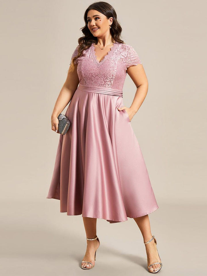 pretty HARLEY|Plus Size Lace Cap Sleeve V neck Midi Formal Dress