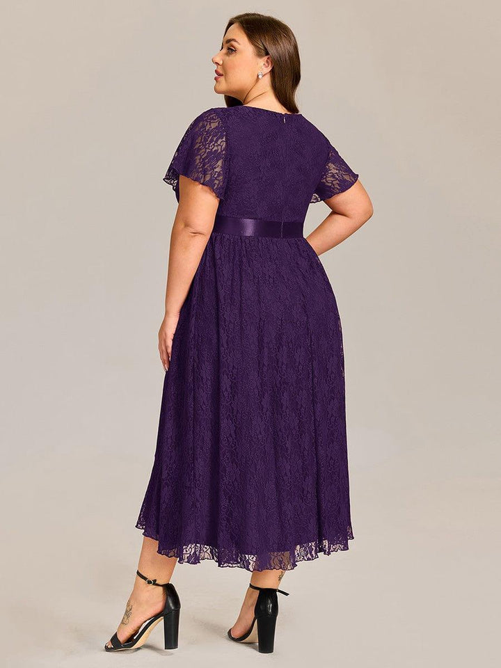 pretty SEVYN|Plus Size Short Sleeve Ruffled Lace Midi Weeding Guest Dress