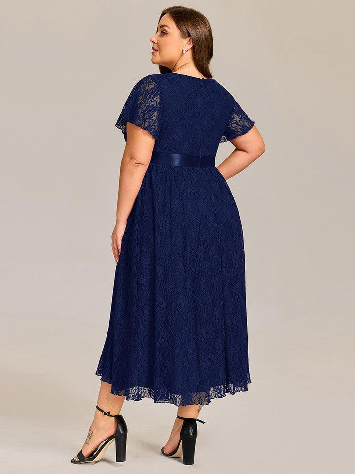 pretty SEVYN|Plus Size Short Sleeve Ruffled Lace Midi Weeding Guest Dress