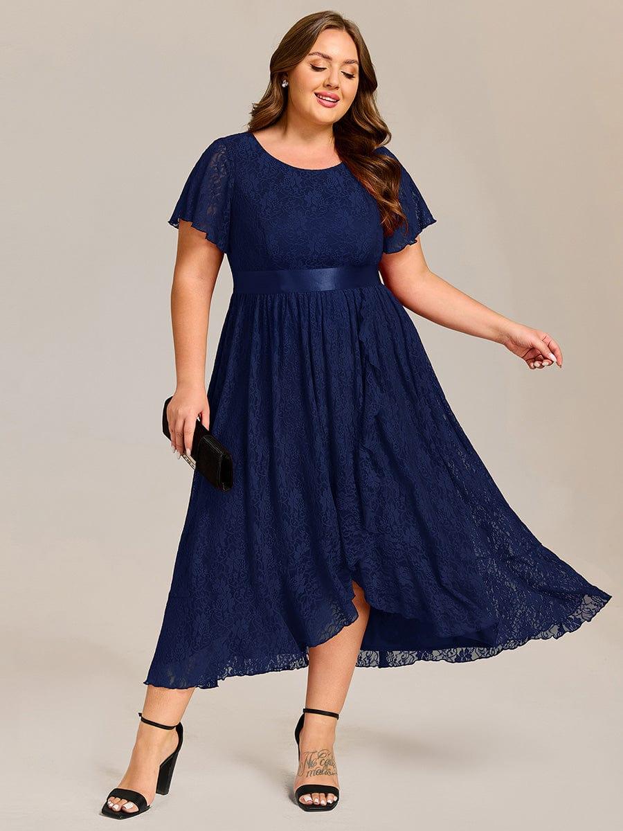 pretty SEVYN|Plus Size Short Sleeve Ruffled Lace Midi Weeding Guest Dress