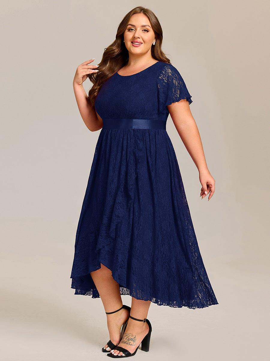 pretty SEVYN|Plus Size Short Sleeve Ruffled Lace Midi Weeding Guest Dress