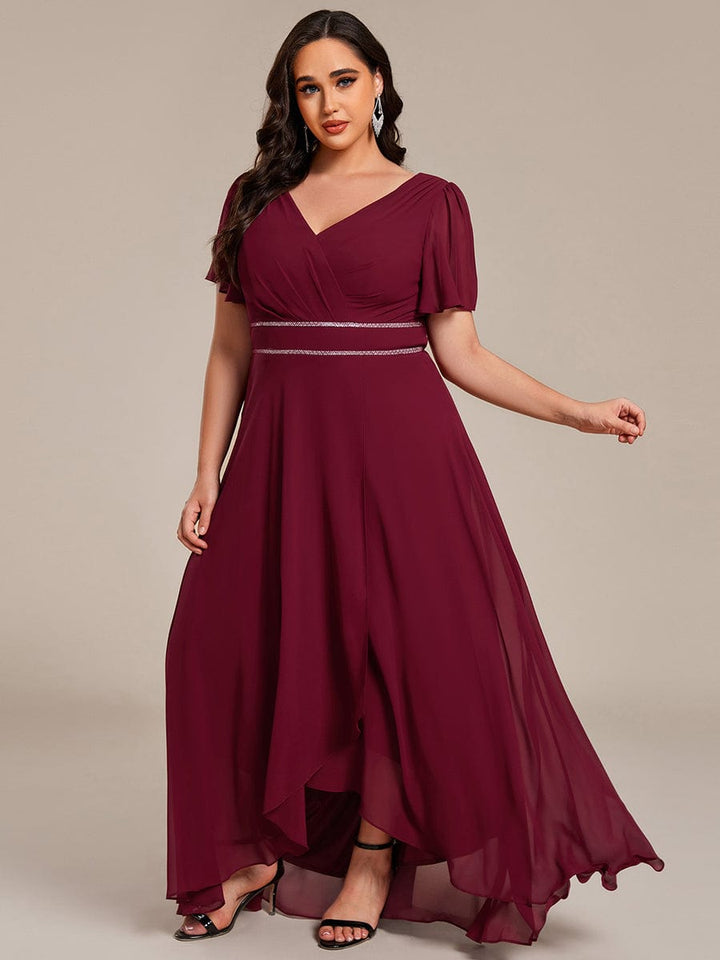 ever DAKOTA|Plus Size Chiffon Ruffle Sleeves Rhinestone Waist High-Low Wedding Guest Dress
