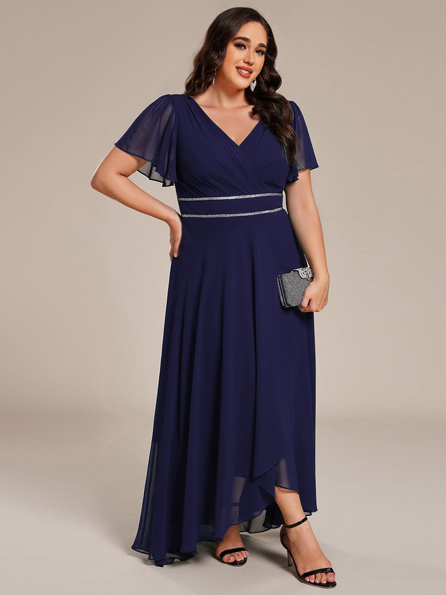 ever DAKOTA|Plus Size Chiffon Ruffle Sleeves Rhinestone Waist High-Low Wedding Guest Dress