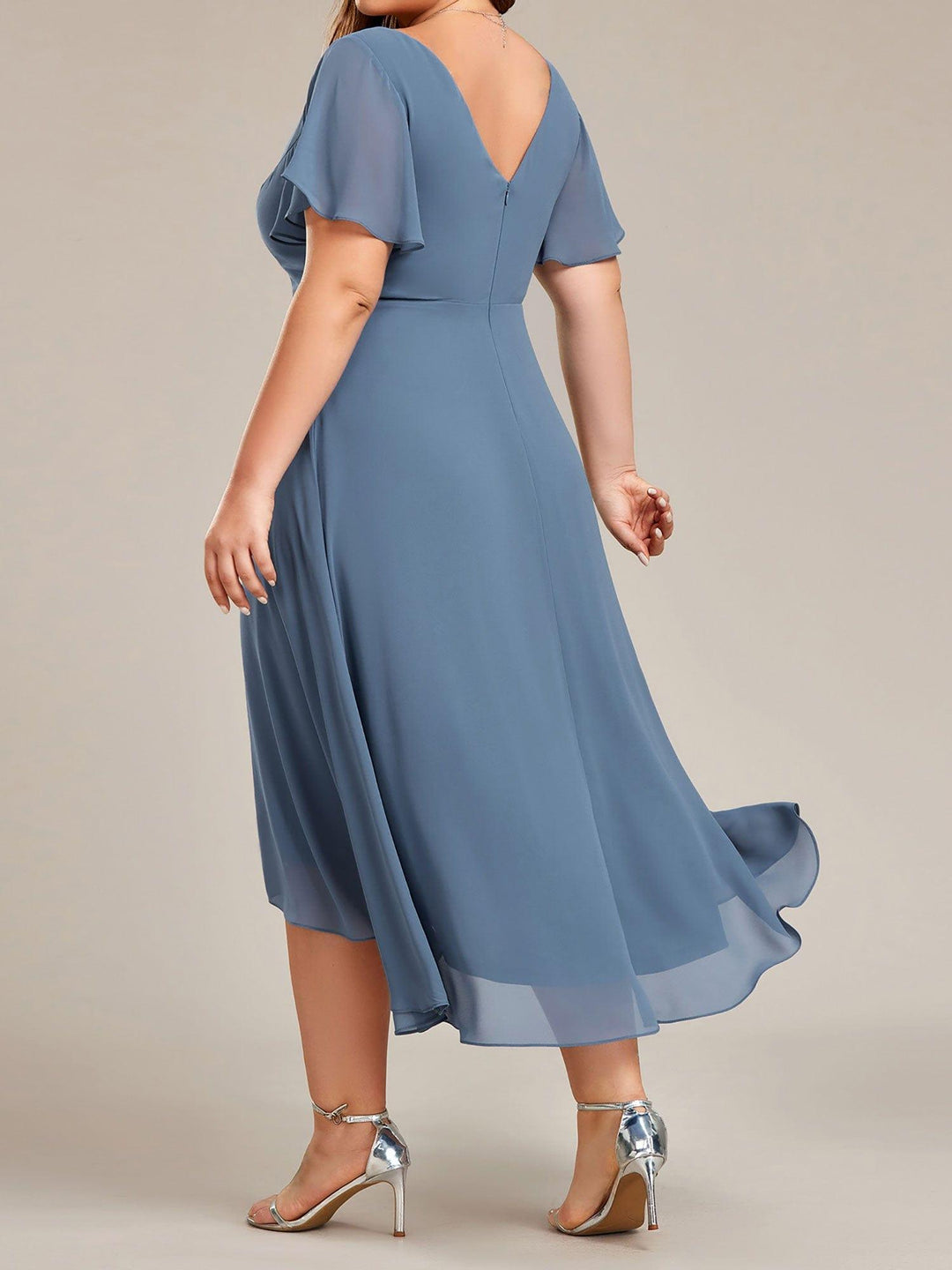 pretty AALIA|Plus Size High Low Chiffon Wedding Guest Dress with V-Neck and Ruffle Sleeves