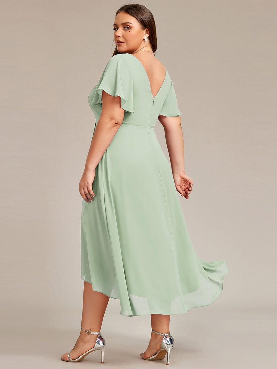 pretty AALIA|Plus Size High Low Chiffon Wedding Guest Dress with V-Neck and Ruffle Sleeves