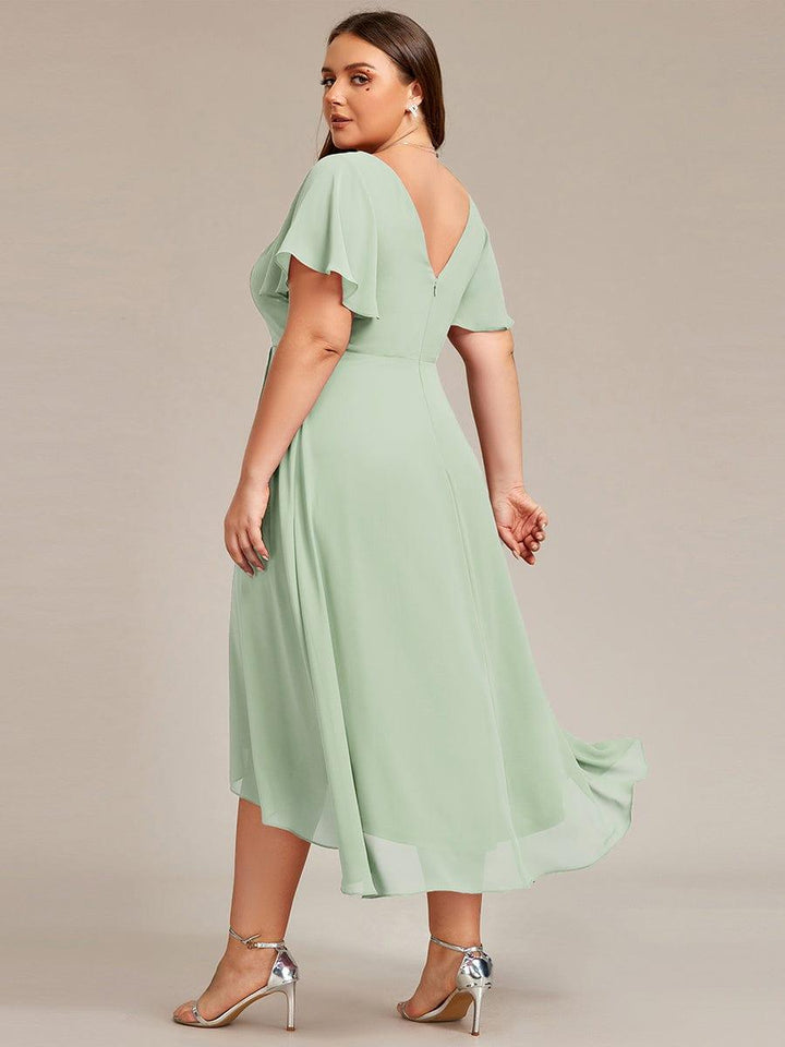 pretty AALIA|Plus Size High Low Chiffon Wedding Guest Dress with V-Neck and Ruffle Sleeves