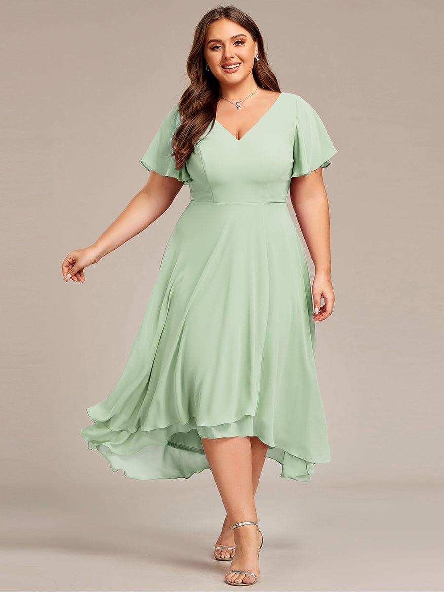 pretty AALIA|Plus Size High Low Chiffon Wedding Guest Dress with V-Neck and Ruffle Sleeves