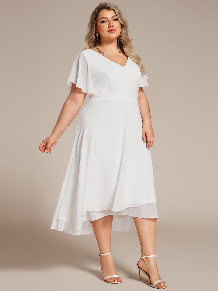 pretty AALIA|Plus Size High Low Chiffon Wedding Guest Dress with V-Neck and Ruffle Sleeves