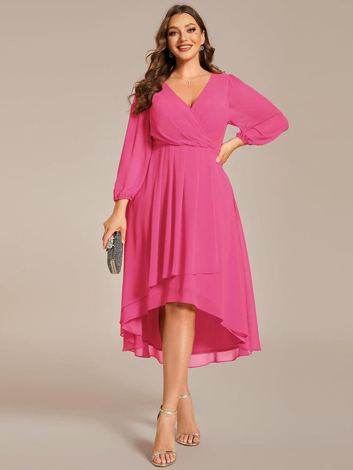pretty BRIAR|Plus Size 3/4 Sleeve V-Neck Chiffon High Low Wedding Guest Dress