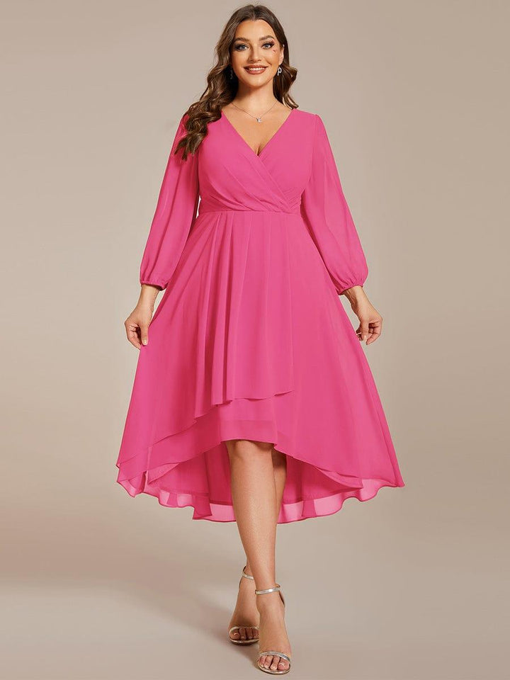 pretty BRIAR|Plus Size 3/4 Sleeve V-Neck Chiffon High Low Wedding Guest Dress