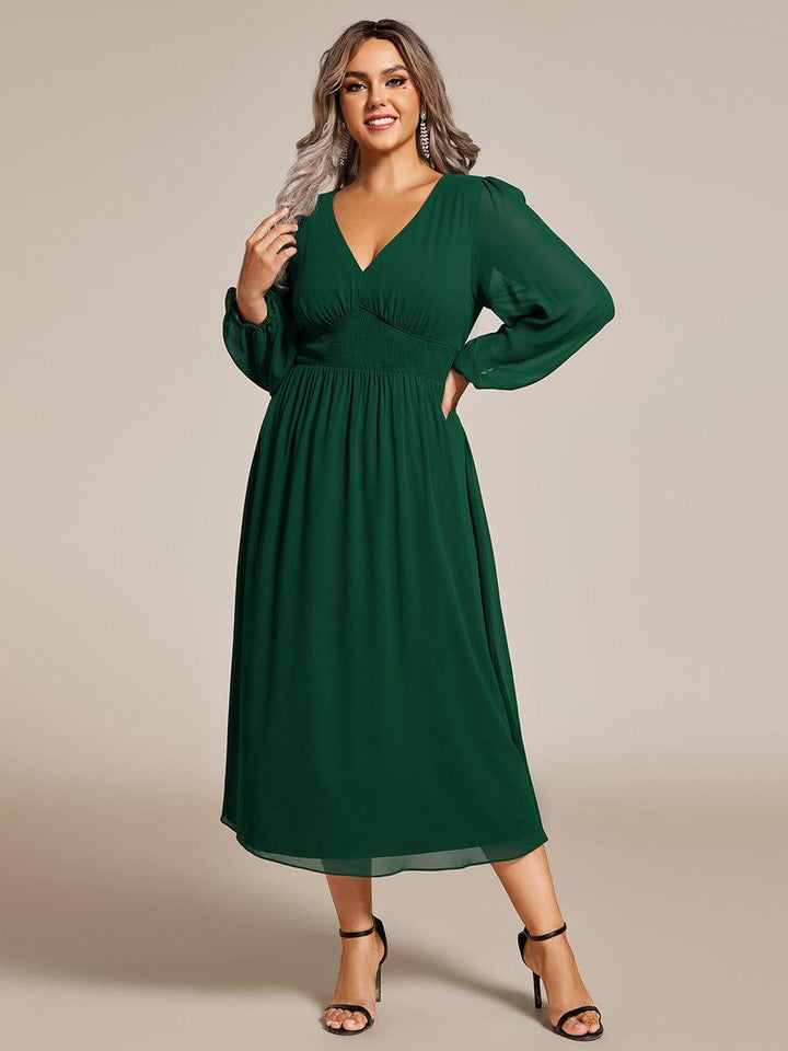 pretty AMARA|Plus Size Elegant V Neck Long Sleeves Midi Wedding Guest Dress(Final Sale)