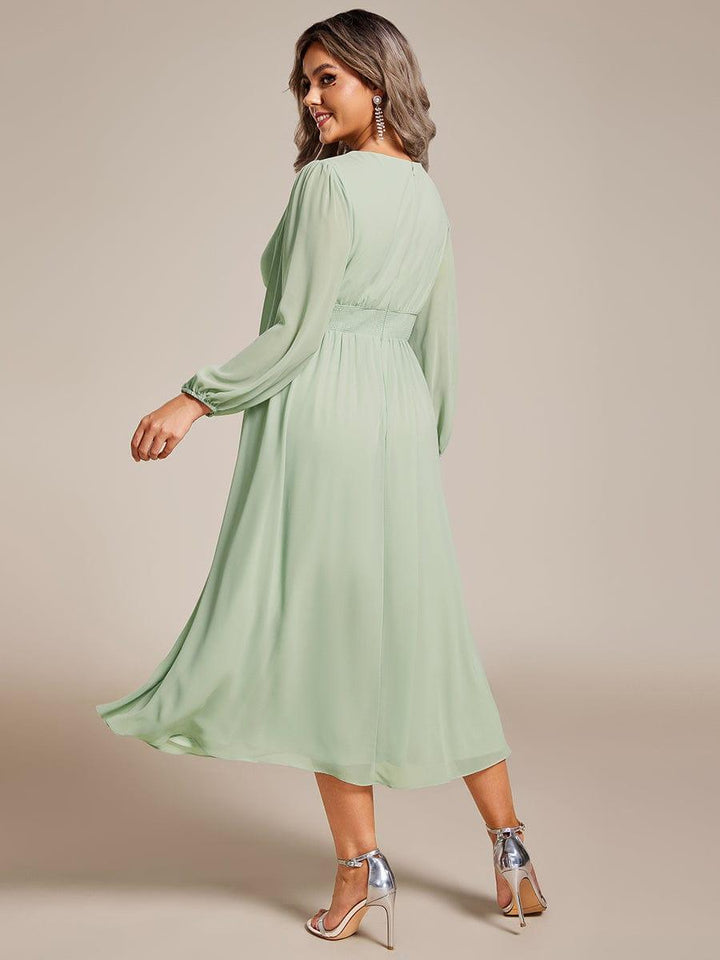 pretty AMARA|Plus Size Elegant V Neck Long Sleeves Midi Wedding Guest Dress(Final Sale)