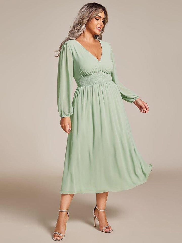 pretty AMARA|Plus Size Elegant V Neck Long Sleeves Midi Wedding Guest Dress(Final Sale)