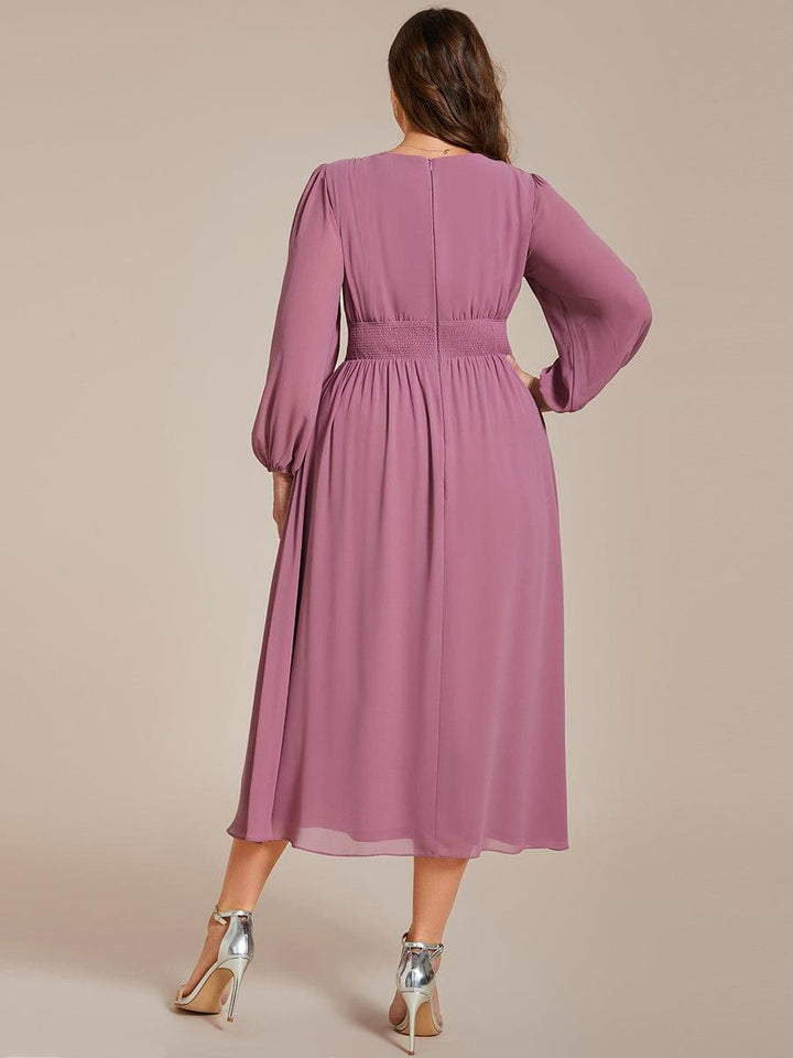 pretty AMARA|Plus Size Elegant V Neck Long Sleeves Midi Wedding Guest Dress(Final Sale)