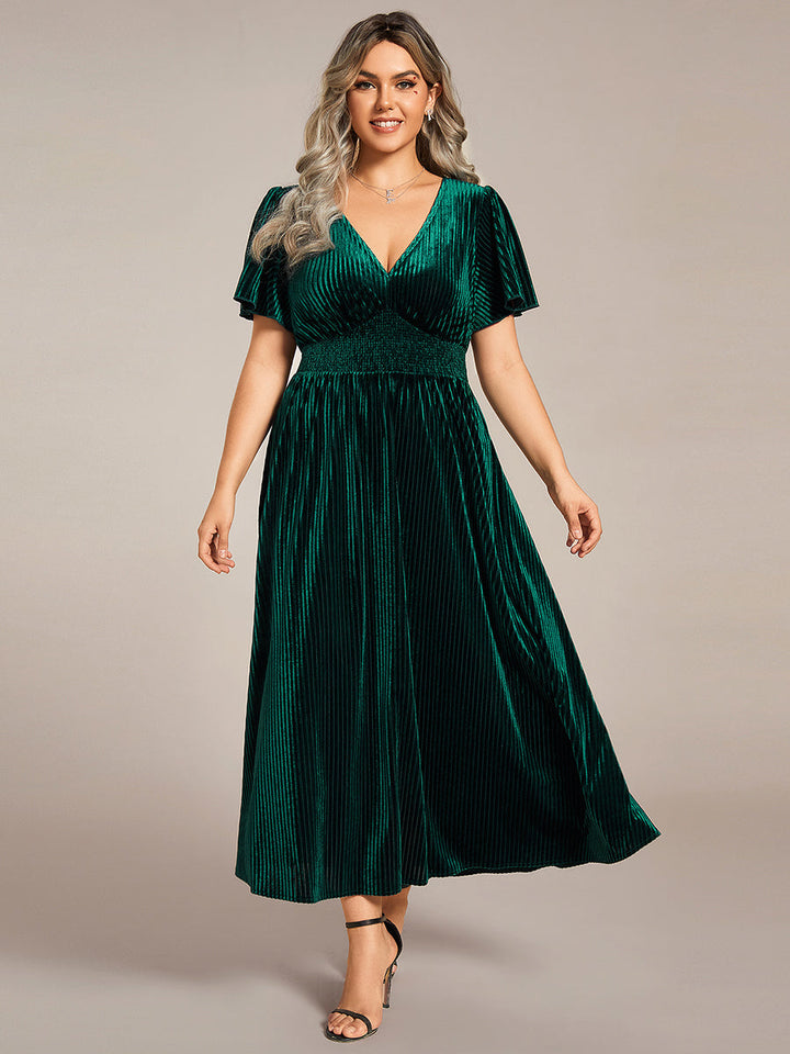 pretty AZALEA|Plus Size A-line V-Neck Short Sleeve Velvet Wedding Guest Dress