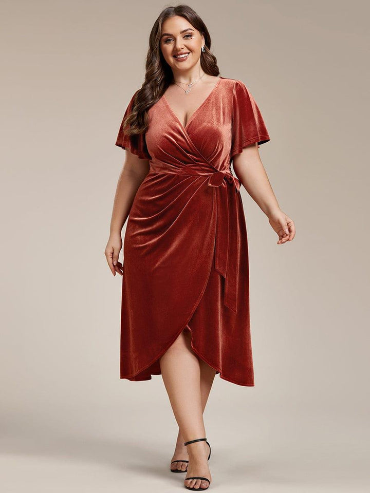 pretty LENNA|Plus Size Velvet Wedding Guest Dress with V-Neck and Flutter Sleeves