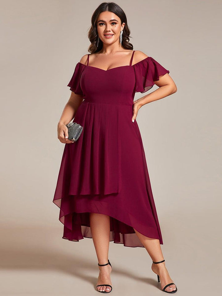 pretty JORDANE|Plus Size Off-Shoulder High-Low Chiffon Wedding Guest Dresses with Short Sleeves