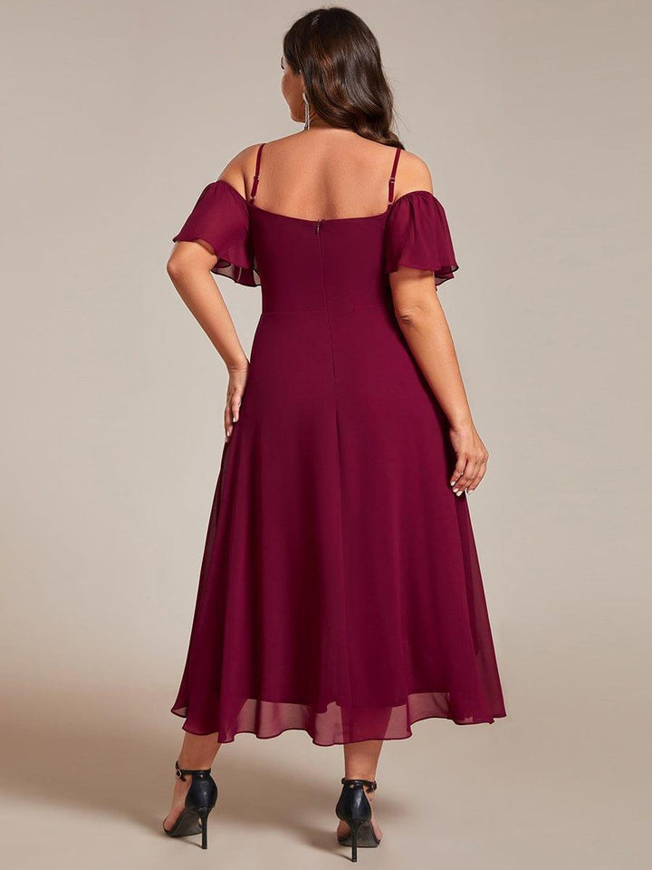 pretty JORDANE|Plus Size Off-Shoulder High-Low Chiffon Wedding Guest Dresses with Short Sleeves