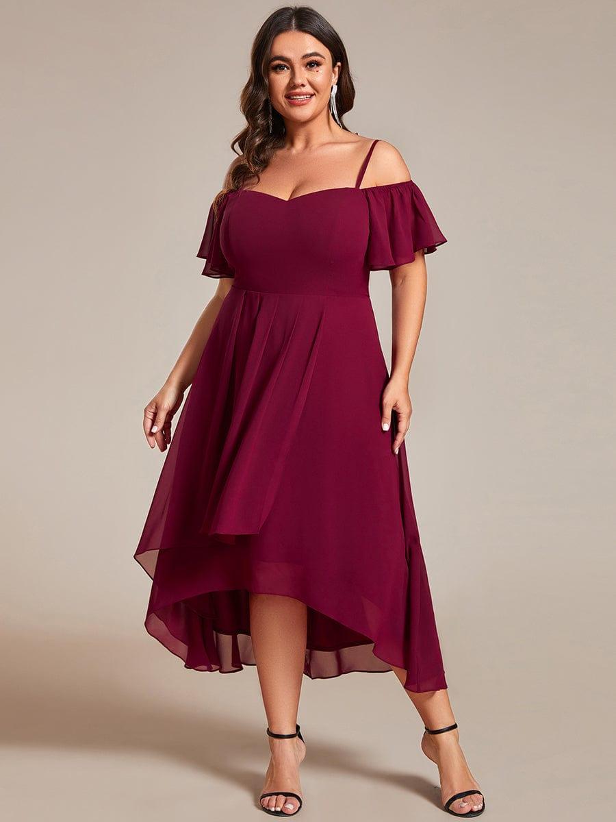 pretty JORDANE|Plus Size Off-Shoulder High-Low Chiffon Wedding Guest Dresses with Short Sleeves