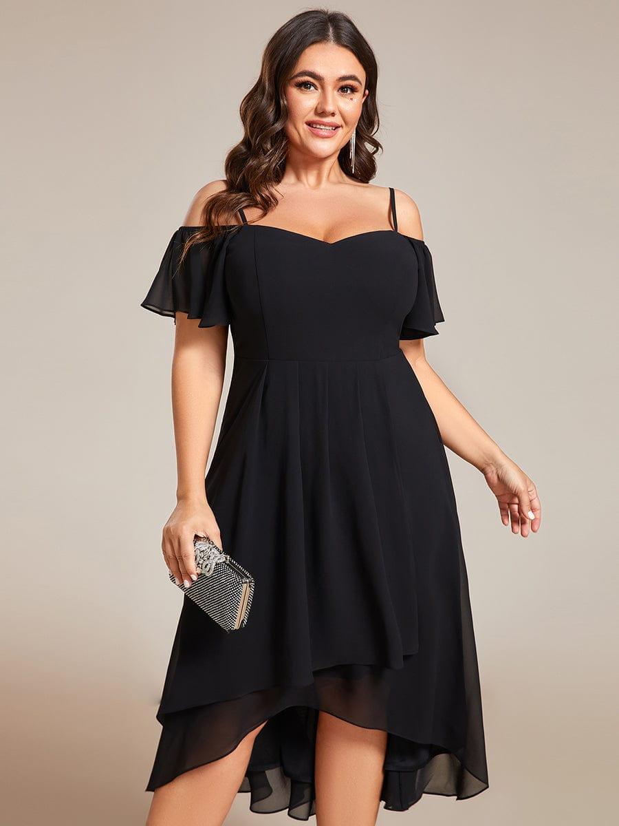 pretty JORDANE|Plus Size Off-Shoulder High-Low Chiffon Wedding Guest Dresses with Short Sleeves
