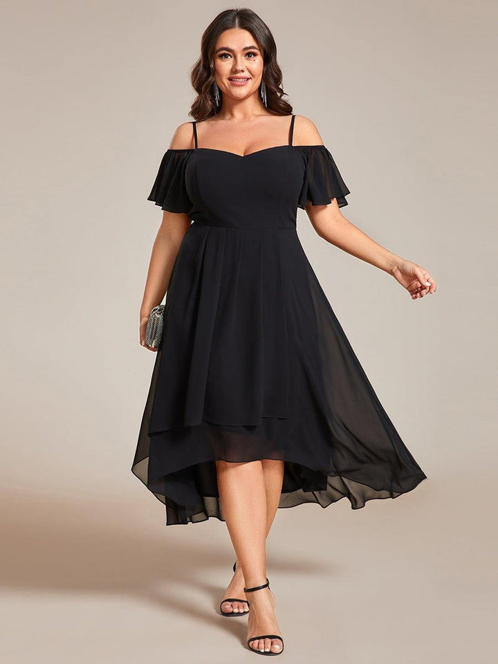 pretty JORDANE|Plus Size Off-Shoulder High-Low Chiffon Wedding Guest Dresses with Short Sleeves