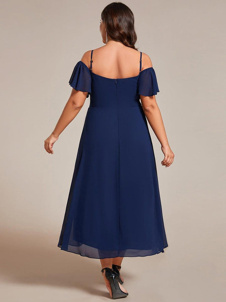 pretty JORDANE|Plus Size Off-Shoulder High-Low Chiffon Wedding Guest Dresses with Short Sleeves