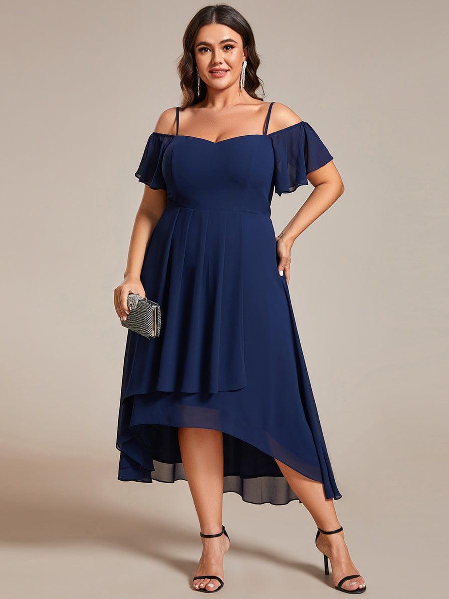 pretty JORDANE|Plus Size Off-Shoulder High-Low Chiffon Wedding Guest Dresses with Short Sleeves