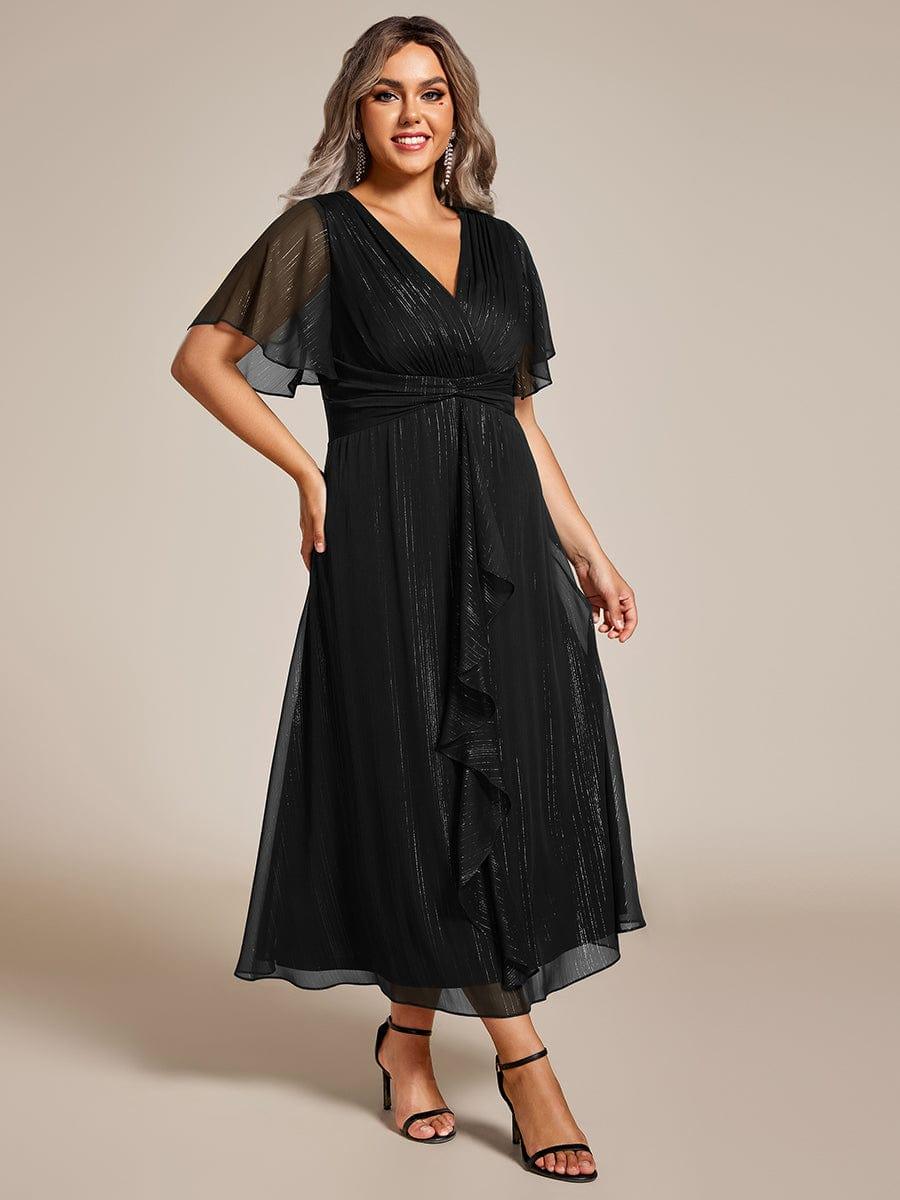 pretty OPAHL|Plus Size Glitter Short Sleeve A-Line Midi Wedding Guest Dress with Ruffled Hem
