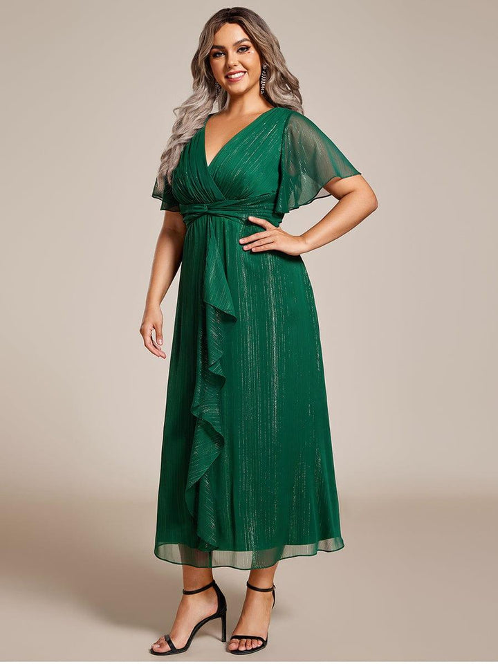 pretty OPAHL|Plus Size Glitter Short Sleeve A-Line Midi Wedding Guest Dress with Ruffled Hem