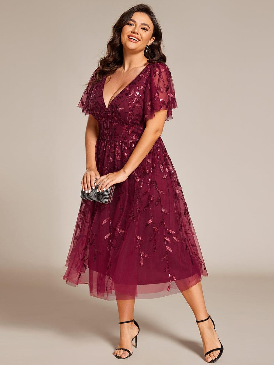 pretty SIMONE|Plus Size Leaf Sequin Tulle Midi Wedding Guest Dress