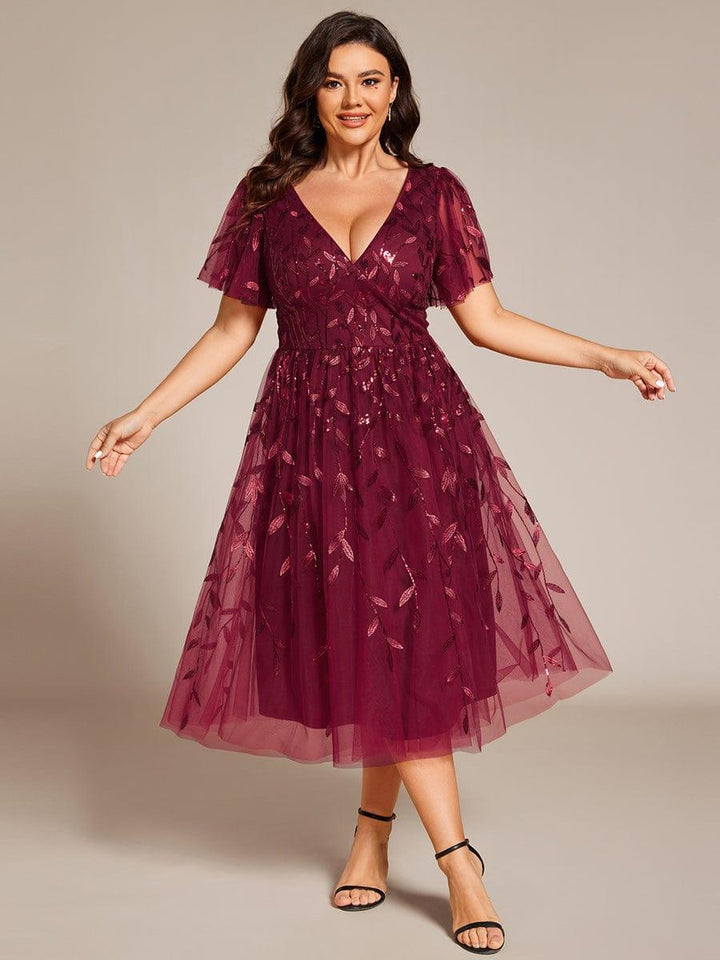 pretty SIMONE|Plus Size Leaf Sequin Tulle Midi Wedding Guest Dress