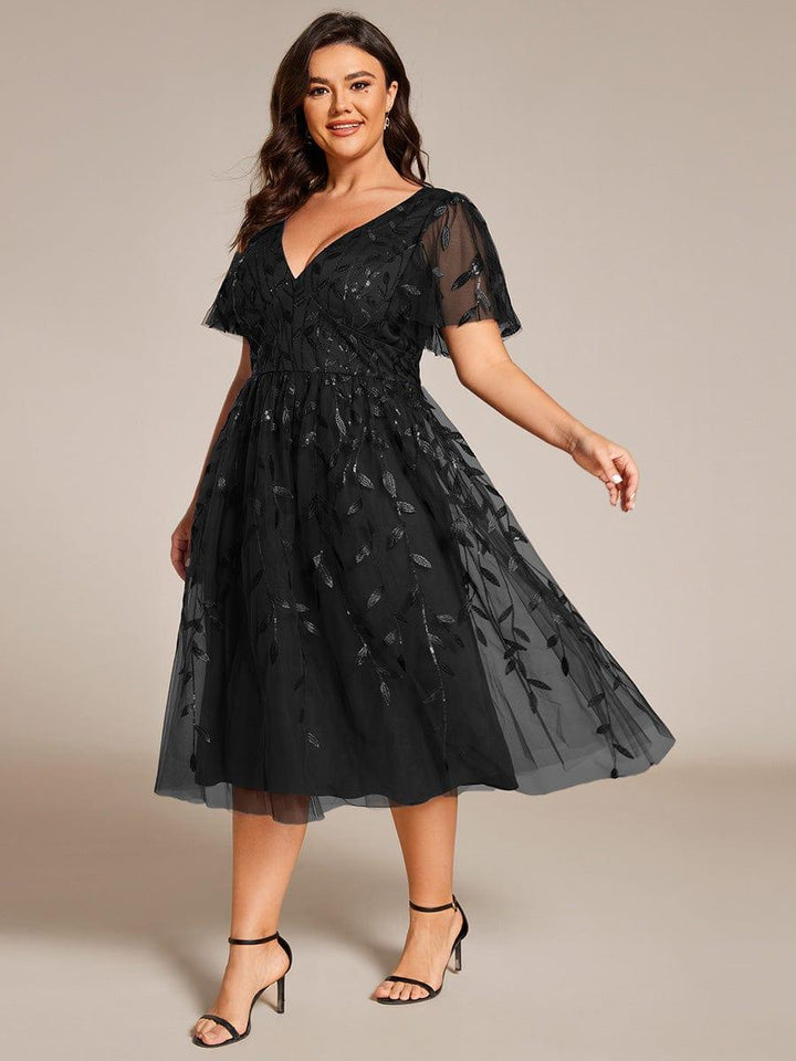pretty SIMONE|Plus Size Leaf Sequin Tulle Midi Wedding Guest Dress