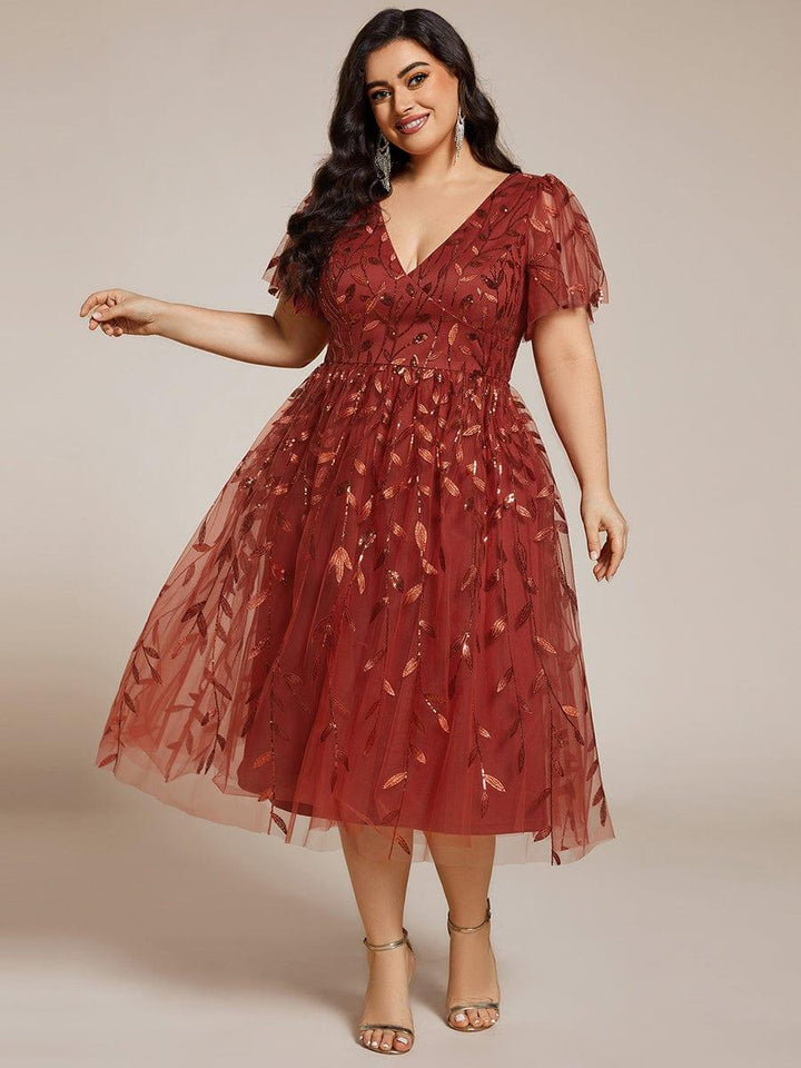 pretty SIMONE|Plus Size Leaf Sequin Tulle Midi Wedding Guest Dress