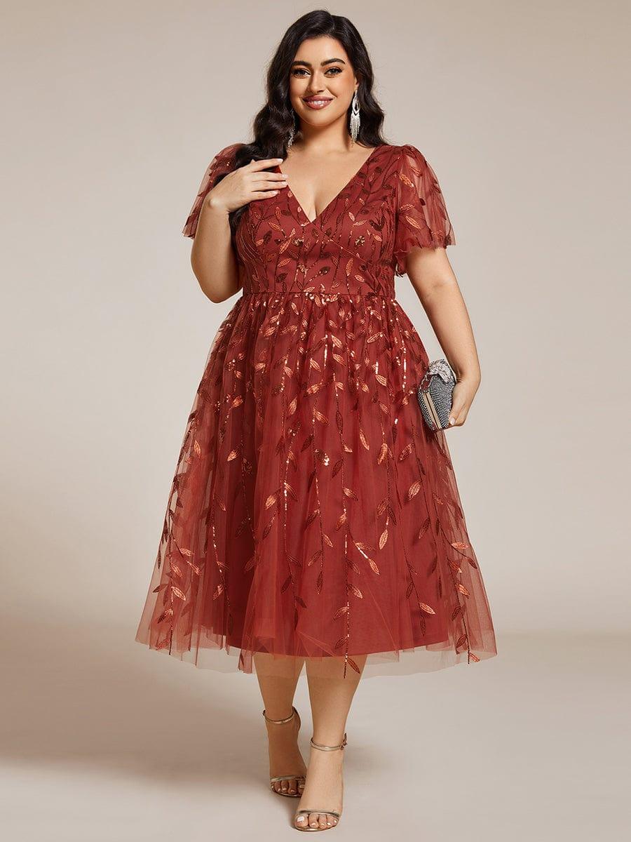 pretty SIMONE|Plus Size Leaf Sequin Tulle Midi Wedding Guest Dress