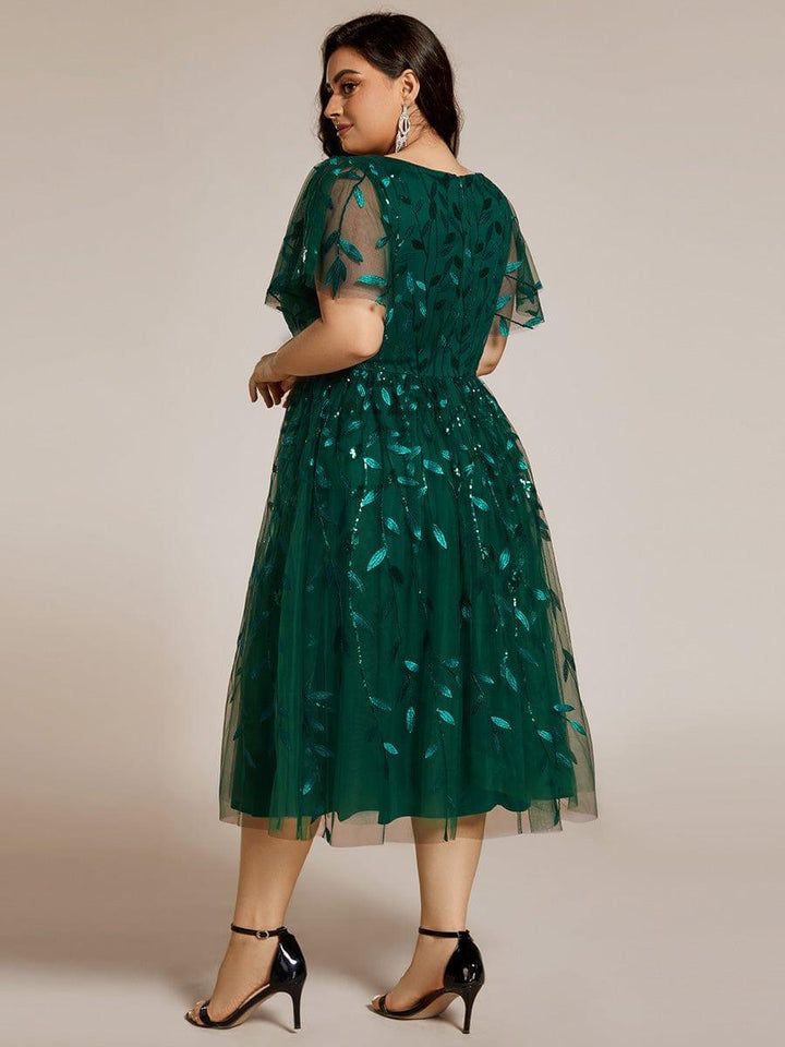 pretty SIMONE|Plus Size Leaf Sequin Tulle Midi Wedding Guest Dress
