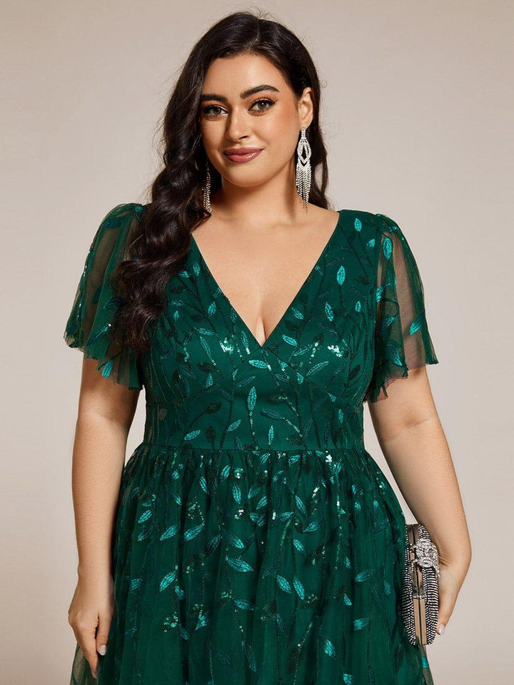 pretty SIMONE|Plus Size Leaf Sequin Tulle Midi Wedding Guest Dress