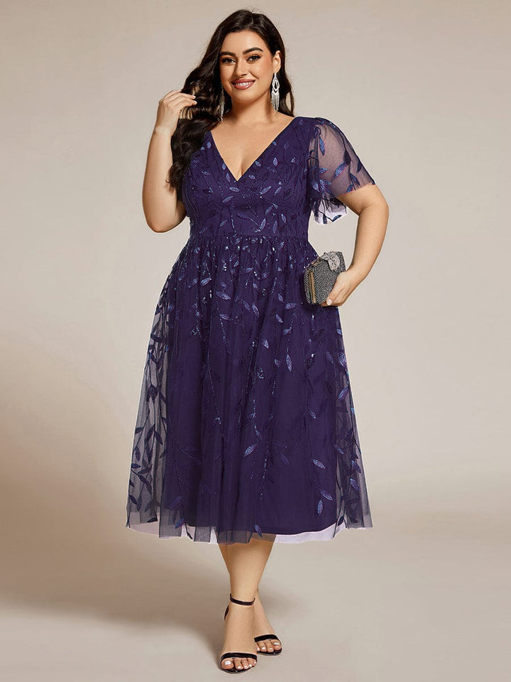 pretty SIMONE|Plus Size Leaf Sequin Tulle Midi Wedding Guest Dress