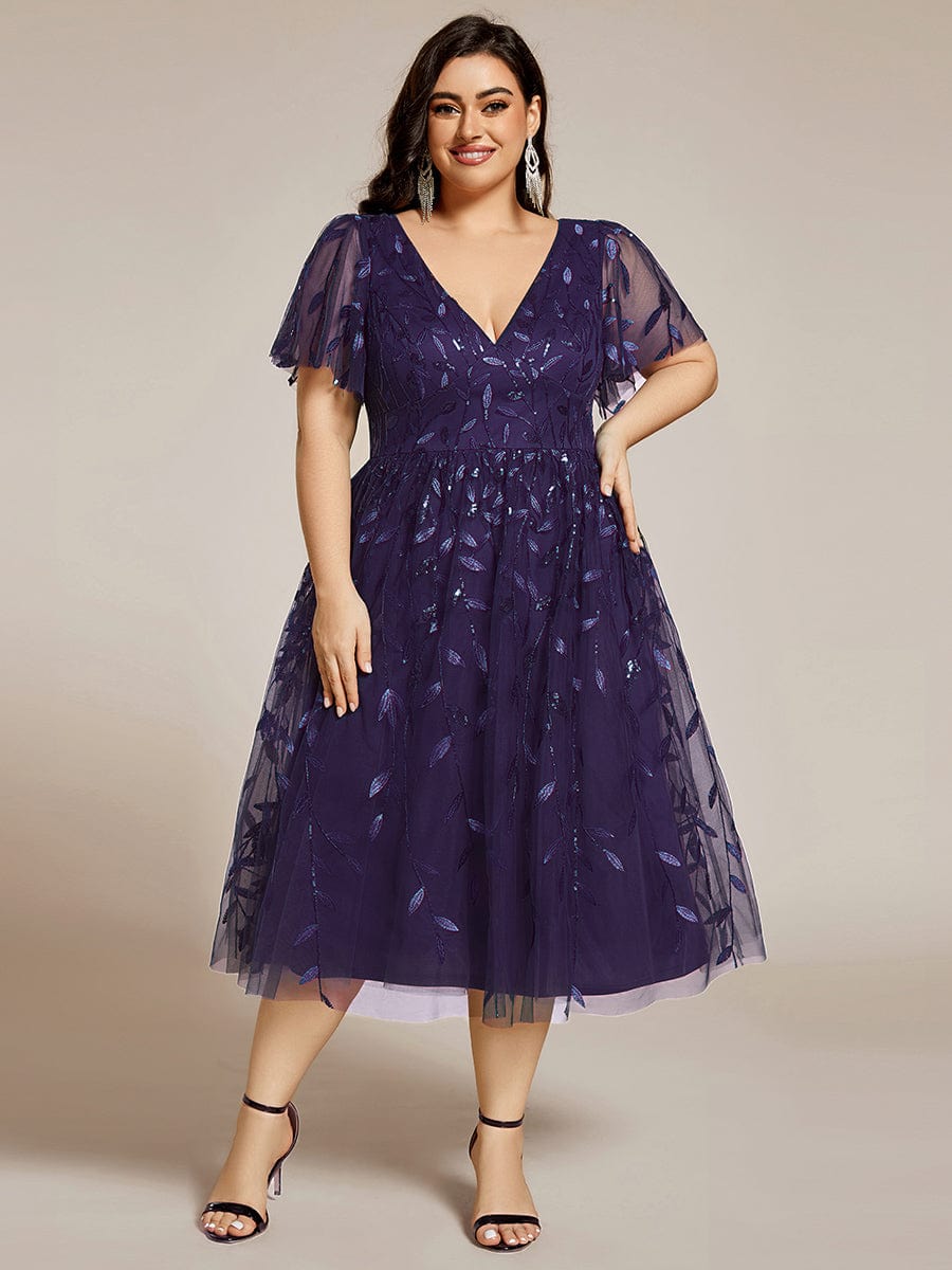 pretty SIMONE|Plus Size Leaf Sequin Tulle Midi Wedding Guest Dress