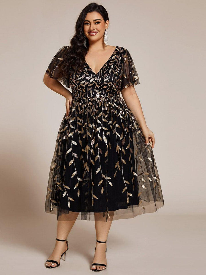 pretty SIMONE|Plus Size Leaf Sequin Tulle Midi Wedding Guest Dress