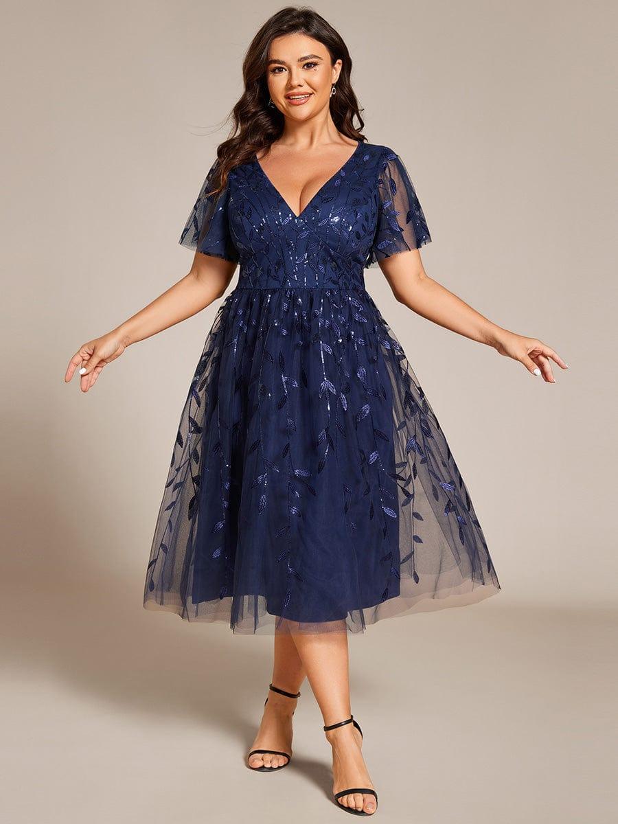 pretty SIMONE|Plus Size Leaf Sequin Tulle Midi Wedding Guest Dress