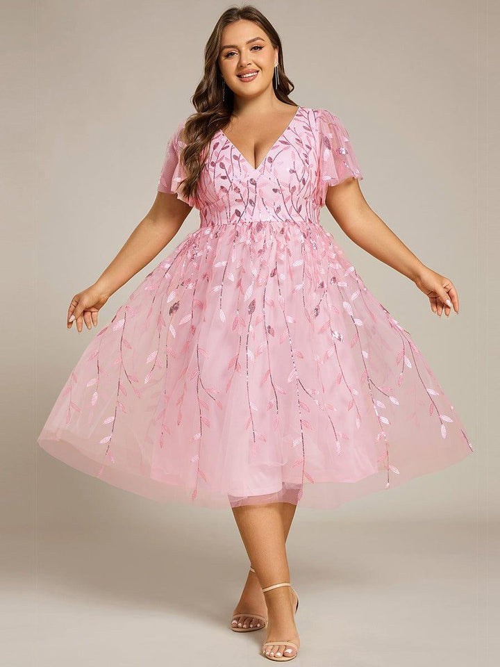 pretty SIMONE|Plus Size Leaf Sequin Tulle Midi Wedding Guest Dress