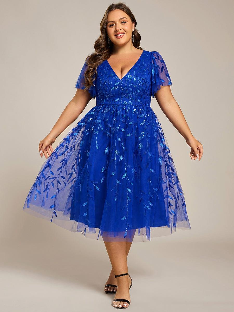 pretty SIMONE|Plus Size Leaf Sequin Tulle Midi Wedding Guest Dress